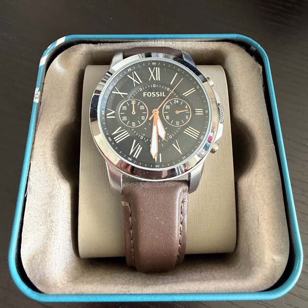 Fossil Men's Black Dial Watch with Brown Leather Strap